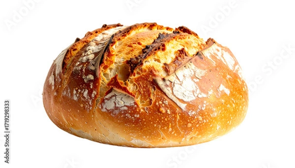 Obraz Rustic sourdough bread with a golden-brown crust, deep scoring, and a slightly irregular shape, showing signs of oven spring