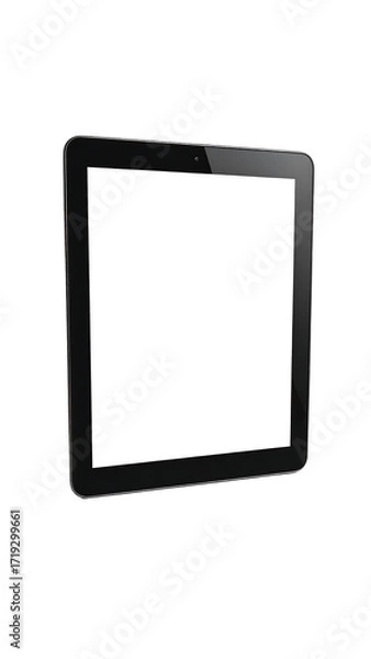 Obraz A black tablet computer with a blank white screen, angled slightly, is shown against a black background