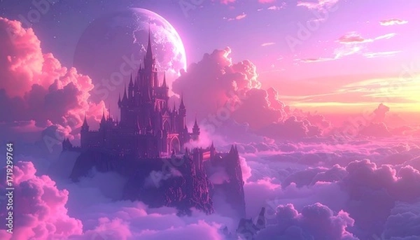 Fototapeta Majestic castle perched atop a cloud-shrouded peak, bathed in sunset's soft glow