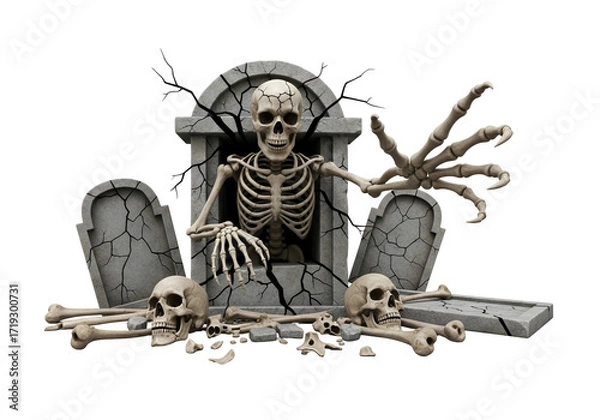Fototapeta A skeleton emerges from a crumbling graveyard monument, its skeletal hand reaching out menacingly.