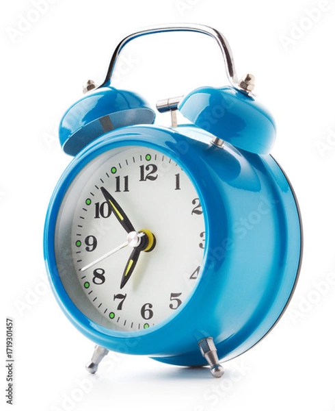 Obraz Blue alarm clock on white background