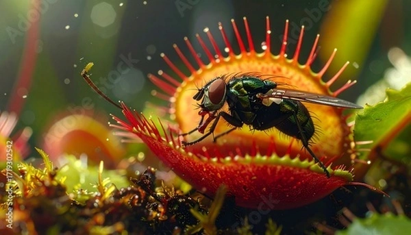 Fototapeta Close-up of a fly trapped in the jaws of a carnivorous Venus flytrap plant, macro photography