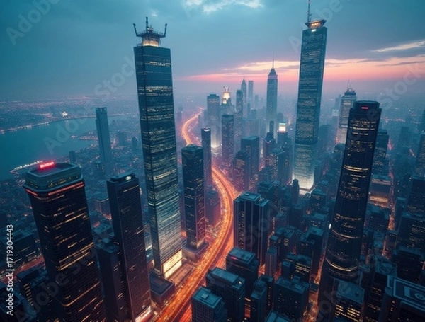 Fototapeta Dusk Over a Sprawling Metropolis with Illuminated Skyscrapers and Busy Highways