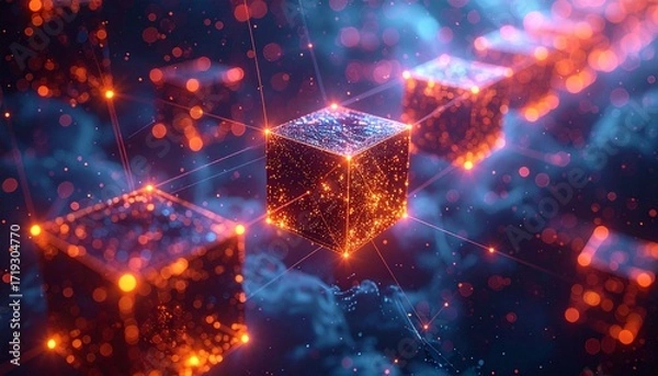 Fototapeta Abstract representation of blockchain technology with interconnected glowing digital blocks forming a secure data chain