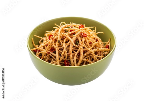 Fototapeta A light and flavorful Asian salad presented in a vibrant green bowl against a dark background.