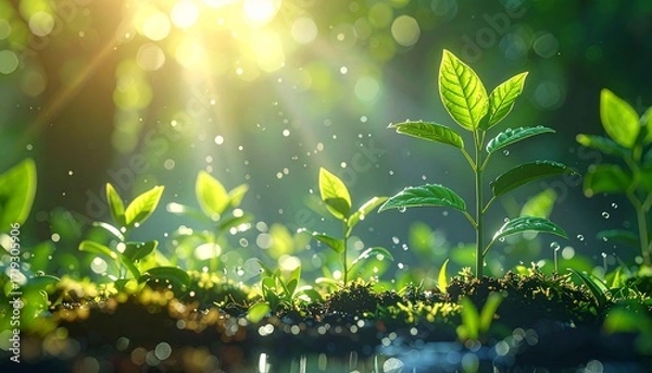 Fototapeta Sunlight illuminates growing green sprouts in a healthy ecosystem, symbolizing growth and renewal