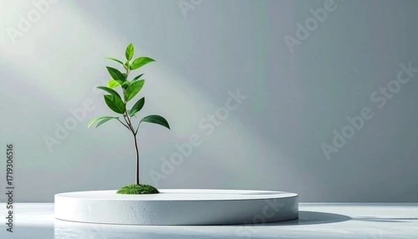 Fototapeta Conceptual image of a small green plant on a white podium, symbolizing growth, sustainability, and eco-friendly development