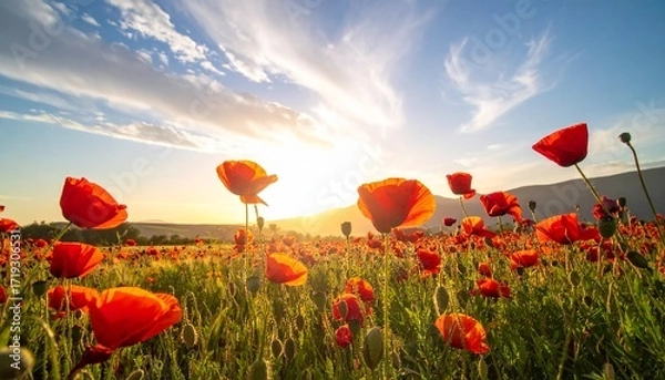 Fototapeta Enchanting golden light casts a magical glow across a vibrant field of red poppy flowers, creating a breathtaking and serene natural landscape under a dramatic sky at dawn or dusk