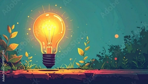 Fototapeta Bright Idea Illuminated Light Bulb amidst Lush Foliage in a Forest Setting
