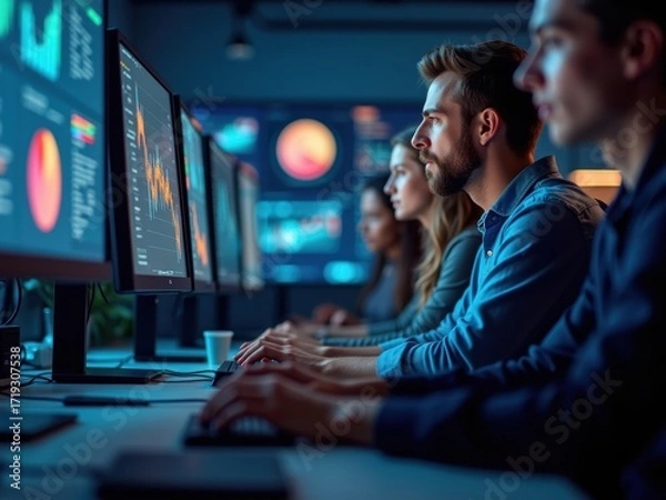 Fototapeta Analyzing Financial Markets Data On Multiple Computer Screens