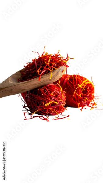 Fototapeta Crimson saffron threads nestled on a wooden spoon and small piles, dark background