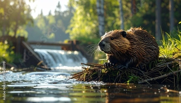 Fototapeta A wild North American beaver sits proudly on its intricate lodge by a serene river, with its dam creating a gentle waterfall in the sunlit forest background