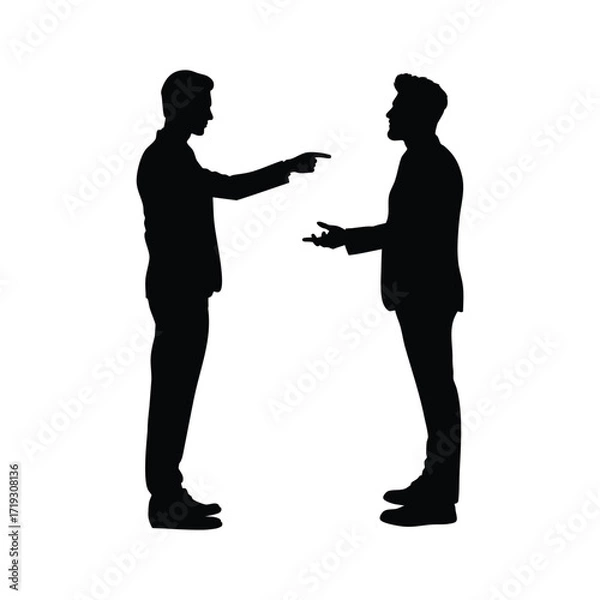 Obraz A silhouette of two businessmen in dialogue, one pointing and the other gesturing, symbolizing professional conversation, negotiation, or a challenging discussion.