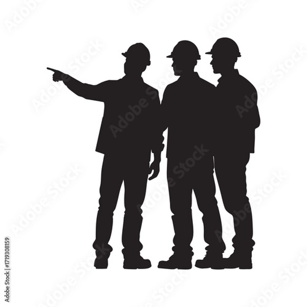 Obraz A silhouette of three construction workers in hard hats, with one pointing and leading a discussion, symbolizing collaboration, leadership, and professional teamwork.