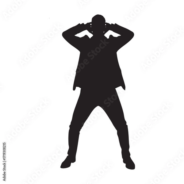 Obraz A silhouette of a man with his hands clasped behind his head, representing a moment of deep thought, stress, or confident relaxation.