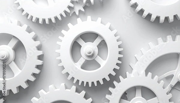 Fototapeta Abstract image of interlocking white gears representing teamwork and industrial machinery in motion