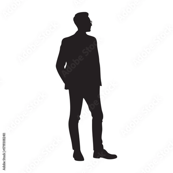 Obraz A silhouette of a confident man in a suit and glasses, with one hand in his pocket, symbolizing professionalism, success, and thoughtful contemplation.