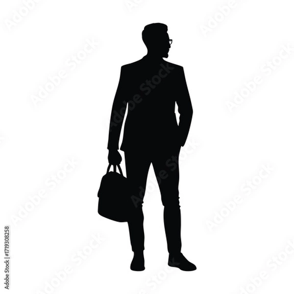 Obraz A silhouette of a confident modern businessman wearing glasses and holding a bag, symbolizing success, professionalism, and a contemporary corporate lifestyle.