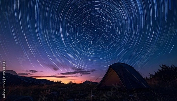 Fototapeta A mesmerizing long exposure photograph of circular star trails above a glowing tent in a remote mountain landscape at twilight
