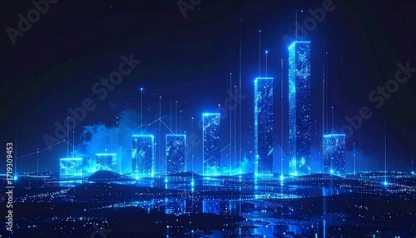 Fototapeta Abstract Visualization of Digital City with Glowing Buildings and Data Charts on Dark Background