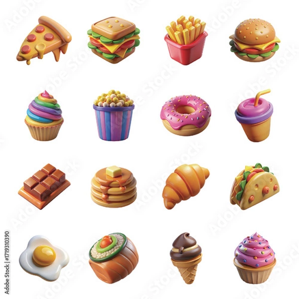 Fototapeta 3D Cartoon Food Icons Collection | Colorful Snacks, Fast Food, and Sweet Treat Illustrations for Menus, Apps, and Creative Designs