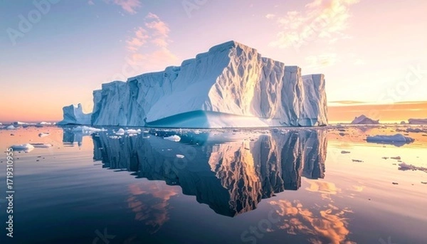 Fototapeta Majestic iceberg floating in calm arctic ocean waters with stunning reflection at sunset