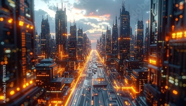 Fototapeta A breathtaking aerial view of a futuristic metropolis glowing with vibrant orange lights at twilight, showcasing advanced urban infrastructure and high-tech architecture and movement