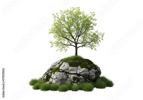 Fototapeta A solitary tree stands tall atop a rocky outcrop, showcasing a serene and peaceful natural scene.