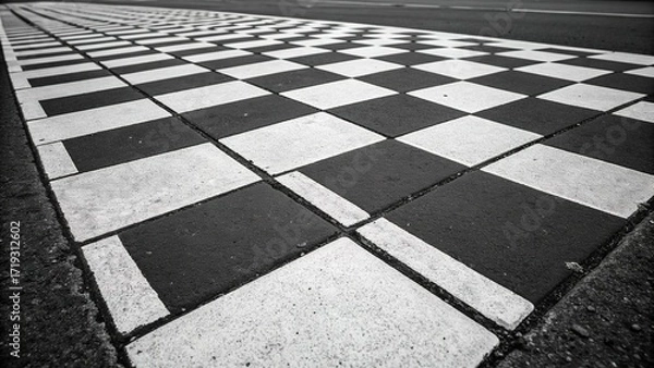 Fototapeta Checkered black and white pavement creating a dynamic visual pattern for urban pathways at midday