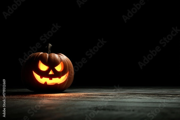 Fototapeta Spooky jack-o’-lantern glowing at corner, wide empty black space for copy