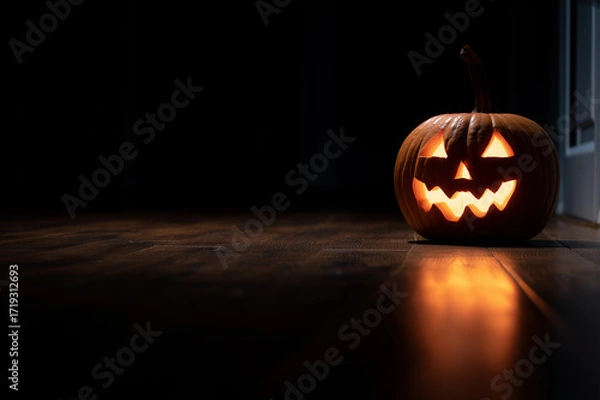 Fototapeta Spooky jack-o’-lantern glowing at corner, wide empty black space for copy
