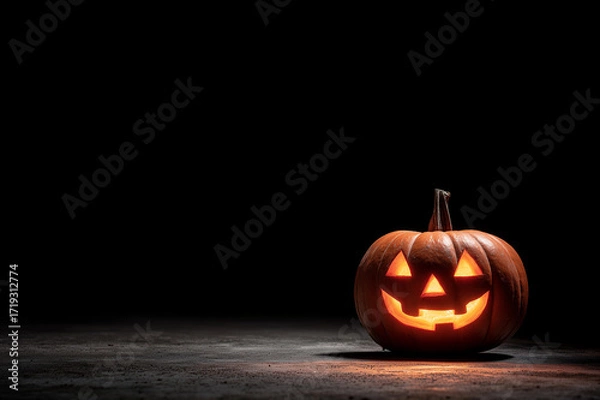Fototapeta Spooky jack-o’-lantern glowing at corner, wide empty black space for copy