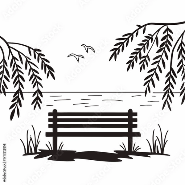 Fototapeta Minimilist silhouette of a bench overlooking water with willow branches and birds in a peaceful landscape scene vector