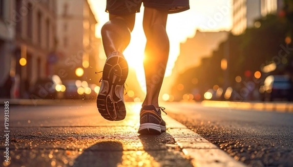 Fototapeta Dynamic Legs of an Urban Runner at Golden Hour, Capturing the Energy of a Morning Jog or Evening Workout on a Reflective City Street, Symbolizing Health and Vitality