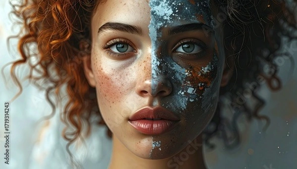 Fototapeta Intimate portrait of a woman's face, a striking juxtaposition of natural beauty with vibrant abstract paint, embodying artistic duality and profound self-expression