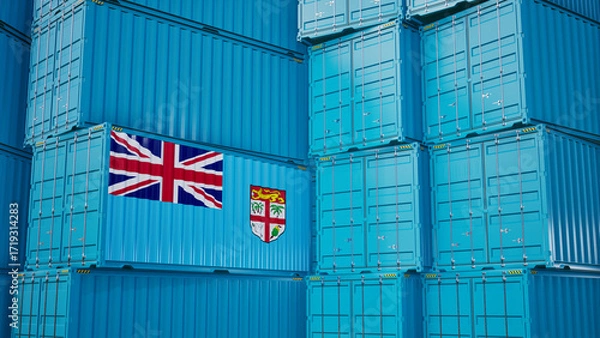 Fototapeta Cargo shipping container with Fiji flag, shipping and freight transportation of Fiji concept.