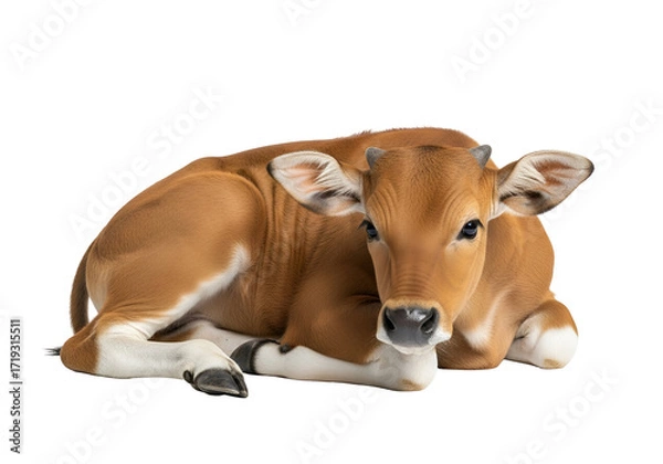 Fototapeta A young calf, resting peacefully against a black backdrop, displaying rich brown fur and white markings.