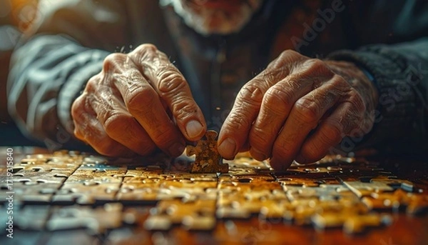Fototapeta Close-up of a senior man's weathered hands meticulously assembling a jigsaw puzzle on a wooden table, a focused hobby for leisure