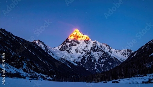 Fototapeta Snow-capped mountain peak illuminated by golden sunlight against a dark blue sky, flanked by shadowy slopes and snowy foreground