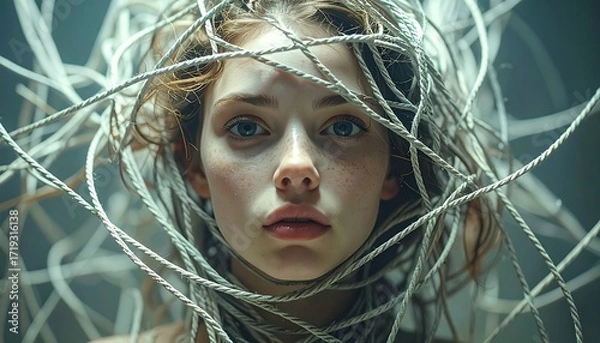 Fototapeta A Young Woman's Portrait Entangled in a Web of Cables A Futuristic, Thought-Provoking Image