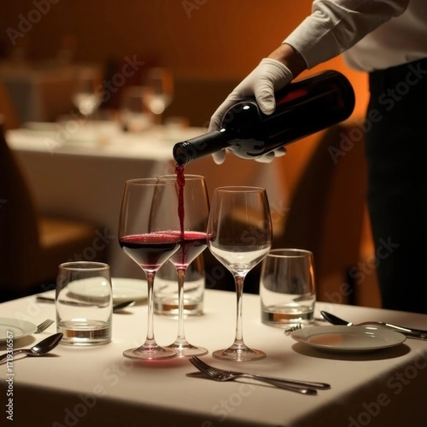 Fototapeta Elegant red wine pouring into a crystal glass at a fancy restaurant table setting
