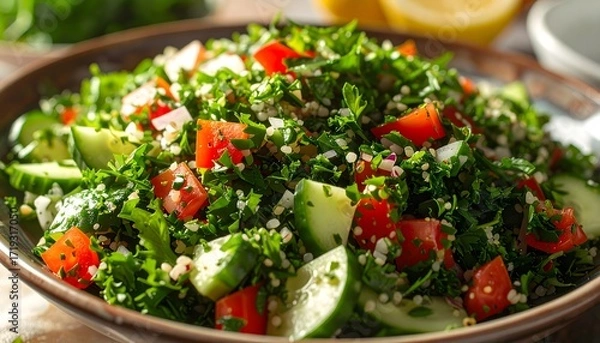 Fototapeta Fresh and Vibrant: A Close-Up of Traditional Arabic Tabbouleh Salad