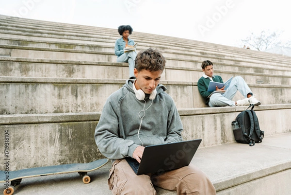 Fototapeta A male student is typing on a laptop while sitting on the stairs next to a male and female student who are reading books