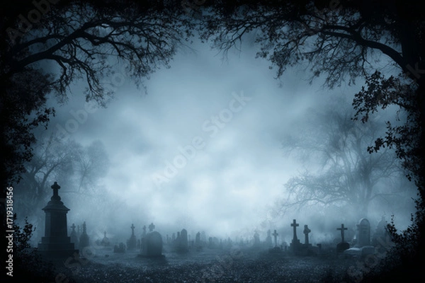 Fototapeta Spooky graveyard background with fog border, center empty for text