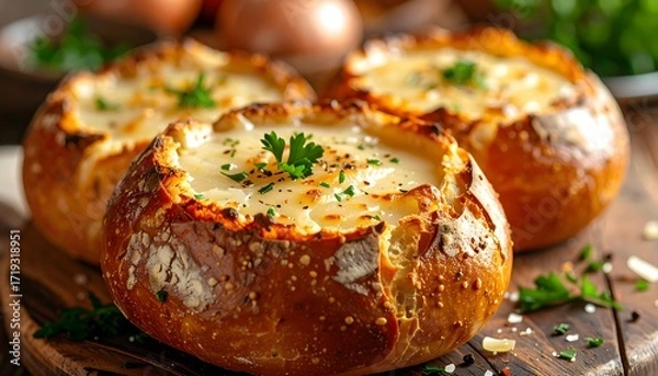 Fototapeta Rustic Comfort: Rich Onion Soup Served in Warm, Crusty Bread Bowls