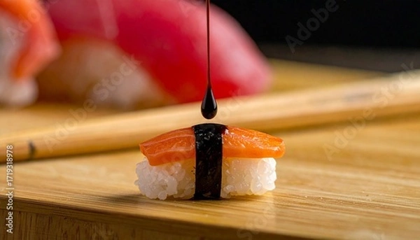 Fototapeta Sushi Salmon Nigiri with Soy Sauce Drizzled on Top, Macro Close Up Shot, Selective Focus