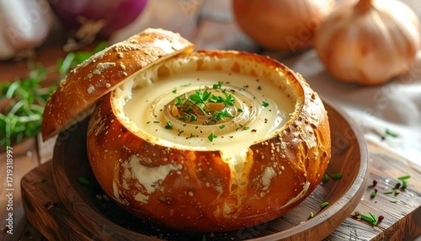 Fototapeta Rustic Comfort: Rich Onion Soup Served in Warm, Crusty Bread Bowls