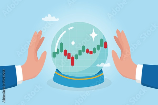 Fototapeta Market forecast, prediction or future outlook, financial stock market, crypto currency price going up and down, investment analysis vision, trader hand on magic crystal ball to see market forecast.