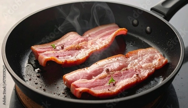 Fototapeta Two pieces of raw cured bacon smoking and sizzling in hot oil in a black skillet on an electric hob, close-up culinary shot