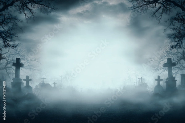 Fototapeta Spooky graveyard background with fog border, center empty for text